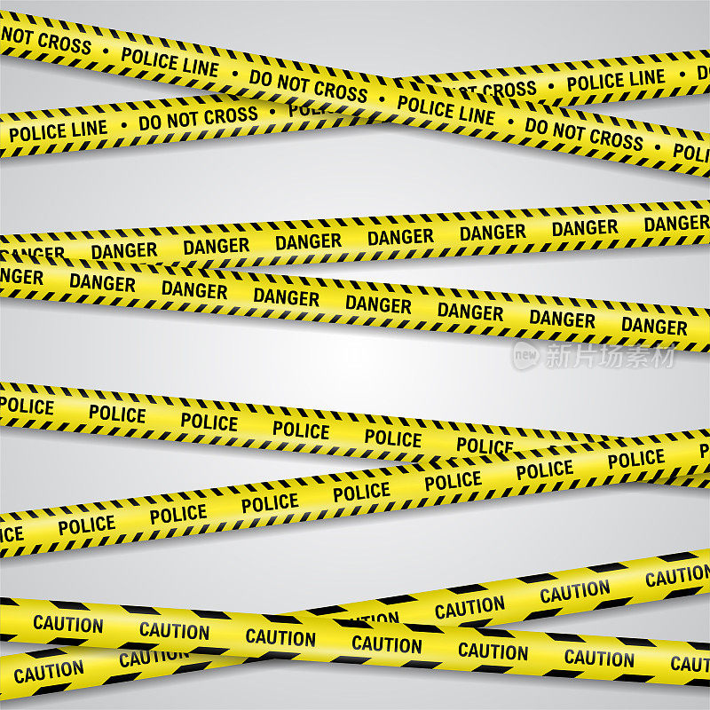 Restricting, danger, caution yellow band vector set, isolated on white. Police or construction cordon plastic ribbon to forbid trespassing for life safety, to keep area intact or avoid contamination.